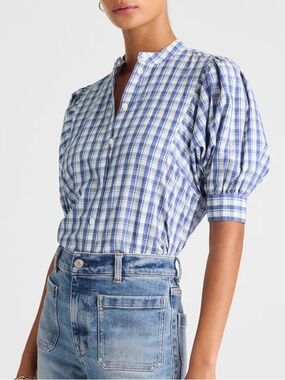 Madewell NEW Puff-Sleeve Band-Collar Shirt Blue White Plaid 4